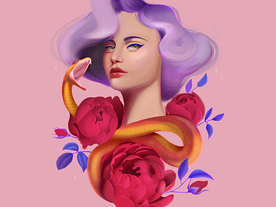 Snake Charmer australian colourful digitalillustration digitalpainting flowerart illustration photoshopart purplehair snakeart surreal wacompainting