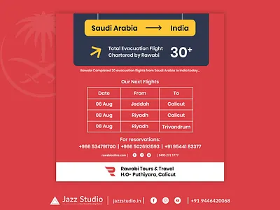 Rawabi Chartered 30+ Charter Flights from Saudi Arabia to India branding brandingreimagined calicut design flight booking godsowncountry graphic design india jazzstudio kerala kozhikode poster poster design rawabi red saudi airlines saudiarabia ui
