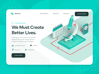 Biotech/Medical Landing Page 1 3d biology biotech blood c4d dna green health healthy illustration landing page medic medical medical website microscope startup syringe ui ux web design