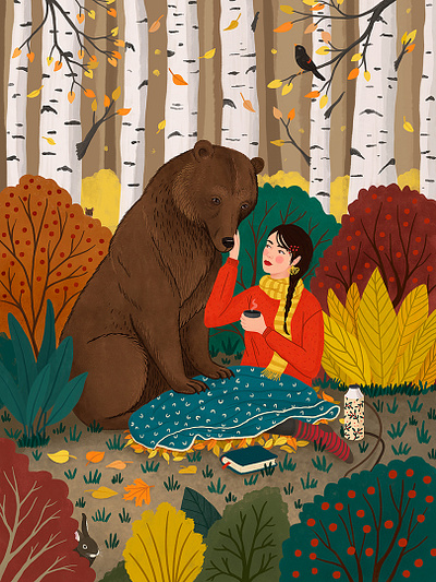 Bear animal art autumn bear book illustration childern illustration digital art drawing fall girl illustration nature woman