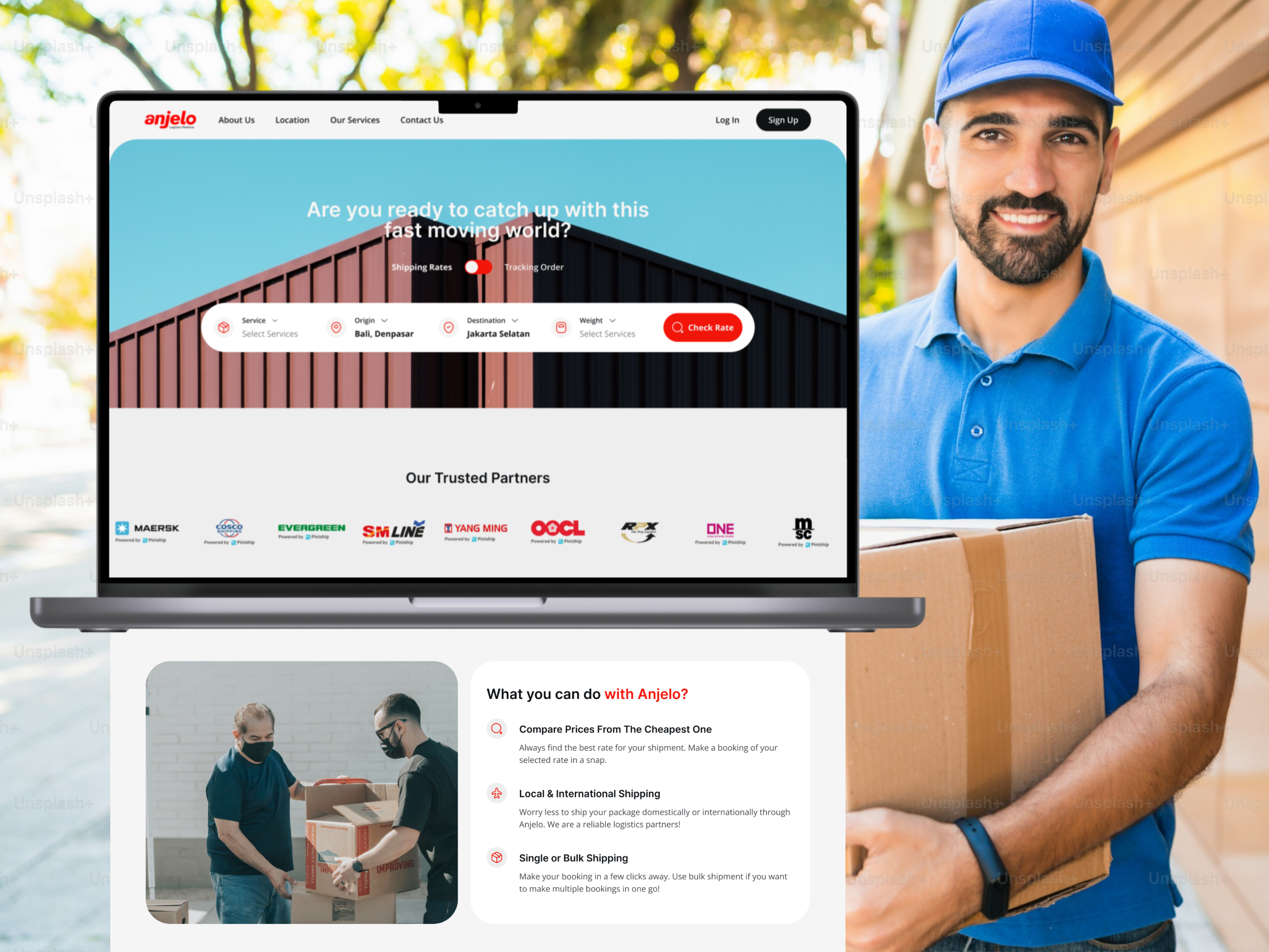 Anjelo - Logistic Landing Page app design branding concept delivery app delivery service graphic design homepage design illustration landing page logistic logistics company mobile app mobile design mockup design ui uidesign uiux uxdesign website
