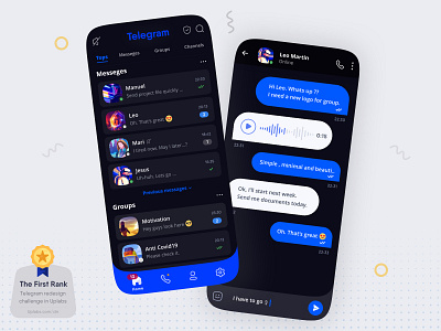 Telegram Messenger Design call chat dark mode menu message messenger mobile navigation bar product product design telegram ui uiux uplabs ux video call web web design whatsapp