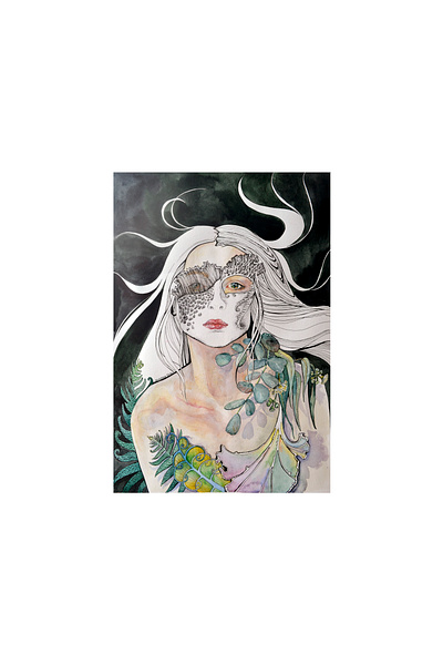 Forest Nymph illustration portait акварель графика девочка девушка дизайн лес лишайние маска мох нимфа папоротник портретная иллюстрация природа растения скетч эвкалипт