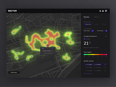 Sector Web App - IOT Devices - Temperature Heat Map app design dark dark ui design heatmap iot iot devices moye moyedesign temperature ui design ux web app web application