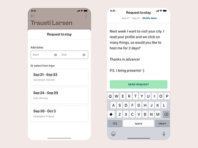 Request a Stay Process accomodation calendar community date picker date range message message app messaging mobile app mobile app development mobile design mobile ui mobile ux modal window tourism travel travel app traveling trip planner trips