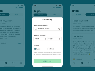 Creating a Trip accomodation community green hostel iphone app location app meet meetups members minimal minimalist design mobile app mobile ui mobile ux organic travel travel planner traveling trip trip planner