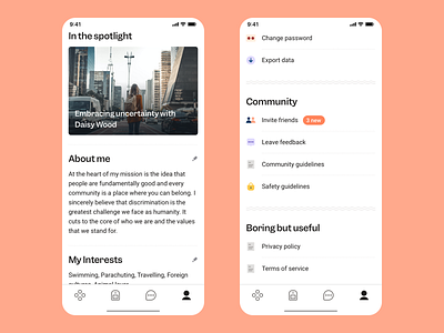Member Profile Design about me biography community feedback form friends friendship guidelines interests invitations invites iphone app members mobile ux people profile profile card profile page profile screen profile view safety
