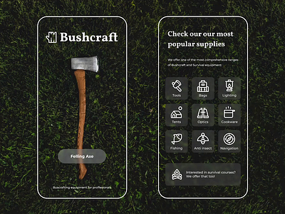 Bushcraft Equipment 🌲🪓 adventure app bushcraft camping ecommerce equipment figma forest nature outdoors responsive rwd survival tent tree web design wild wildlife woods