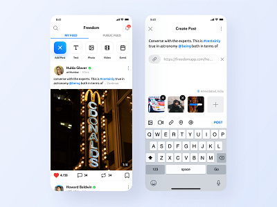 Freedom Social App : Feed & Create Post app app design app ui create post dashboard design design feed inspiration social app social network app design ui ui design upload ux ux designer