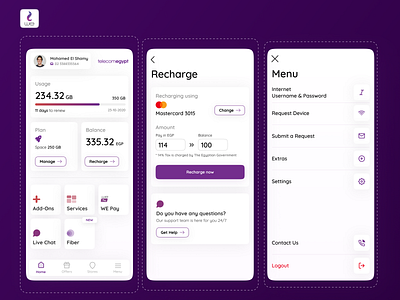WE Egypt - Telecom Egypt Mobile Internet App Redesigned! app egypt fiber home homepage homepagedesign internet isp menu network pay provider recharge service tedata wallet we