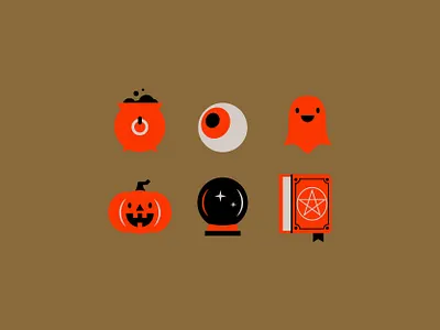 halloween icons cauldron crystal ball eyeball friendly ghost halloween icons illustration pumpkin spell book vector