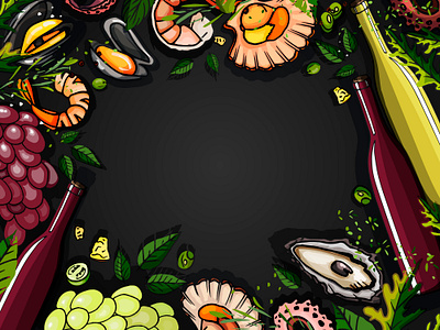 seafoods with Flatlay art cafe design fish flatlay graphic graphic design illustration illustrator menu restaurant seafood vector vino