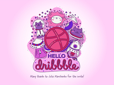 Hello Dribbble Shot cat cats cute cute illustration cuteart flat hello dribbble hellodribbble icon illustration kawaii kawaii art lineart space spaceship stars ufo vector vector illustration vectorart