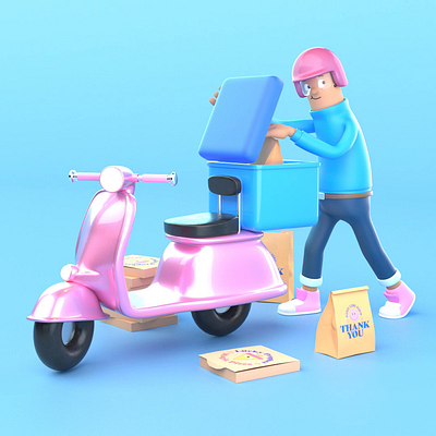 Delivery Character. 3d 3d art 3dillustration anima animation app character cute delivery design illustration render rig vespa