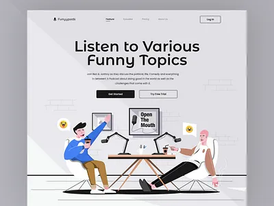 Podcast Landing Page branding character cleaner apps flat design hero illustration laught podcast ui ux web website