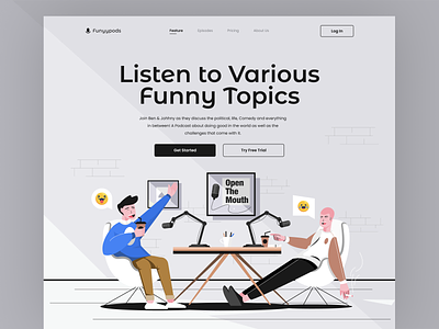 Podcast Landing Page branding character cleaner apps flat design hero illustration laught podcast ui ux web website