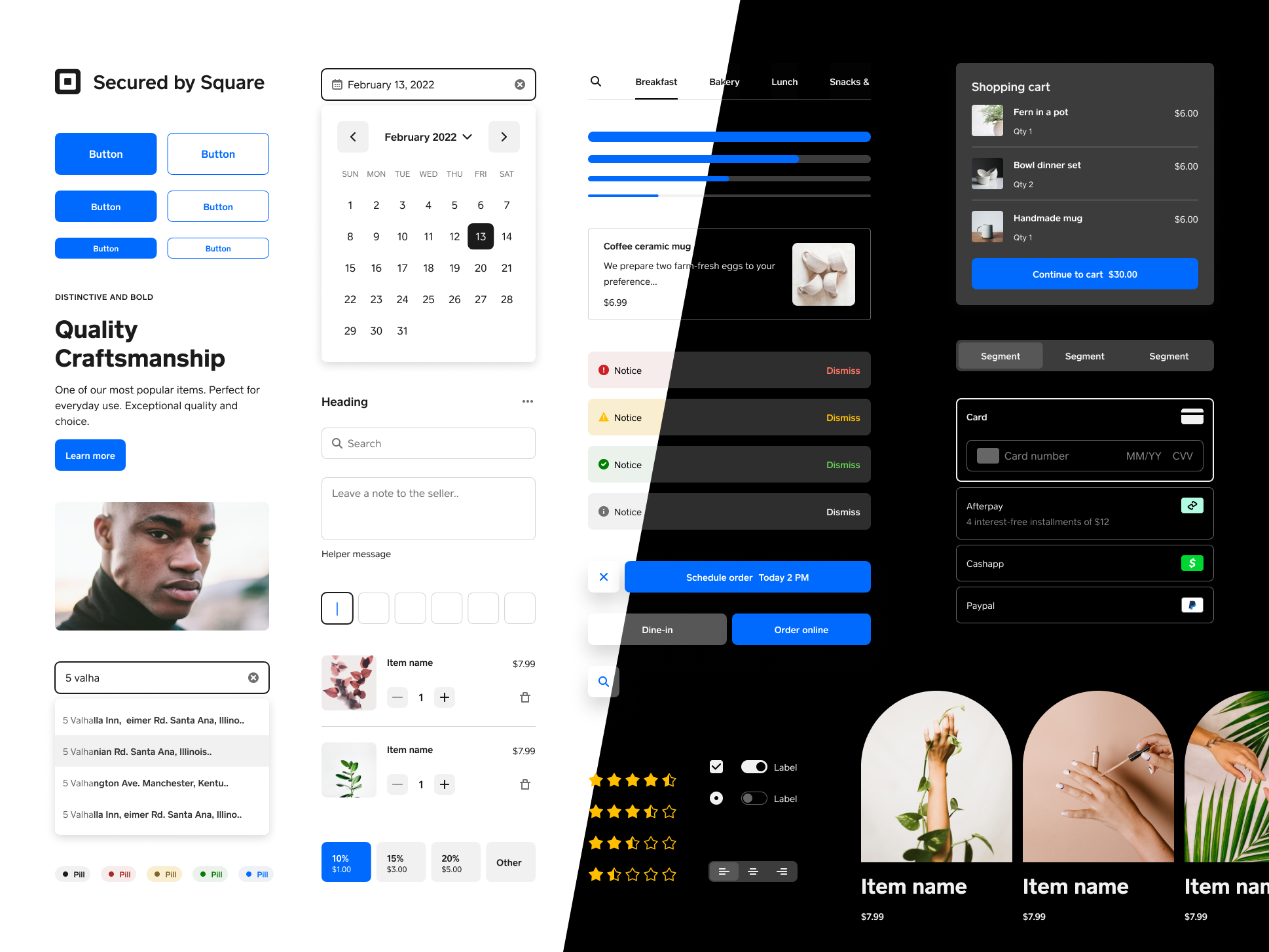 Square Online | Buyer-facing design system alert blue buttons cart checkout components dark mode design system dropdown form input item image light mode logo payment product design product image progress bar star rating themes ui