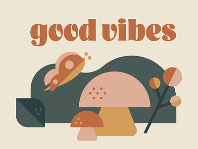 Good vibes 70s butterfly creative market floral flower garden illustration mushrooms vector