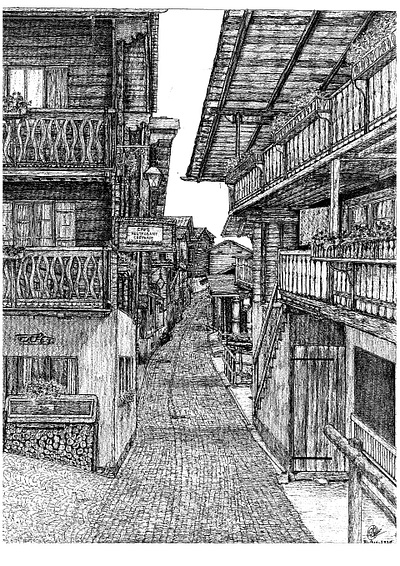 Wooden houses from The Alpine village art artist artwork background black and white drawing illustration ink pen and ink print prints sketch switzerland traditional traditional art traditional drawing village wall art wall decor