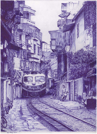 Hanoi Train Street Vietnam art artist artwork ballpoint ballpoint pen blue city drawing hand drawn illustration pen art pen drawing prints sketch traditional traditional art traditional drawing train urban urban art