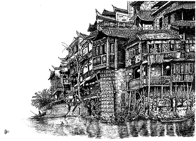 Old houses in Fenghuang county in Hunan China art artist artwork black and white china city drawing illustration ink ink art ink drawing pen and ink print prints sketch traditional traditional art traditional drawing village wall decor