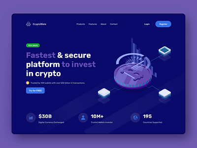 CryptoMate Landing Page bitcoin crypto cryptocurrency design desktop dribbble landingpage mate product purple shot ui uiux user userexperience userinterface ux wallet web website