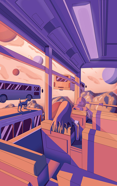 The Bus Ride aesthetic bus ride concept art digital art dog environment fictional illustration mountain orange outerspace pink planets purple