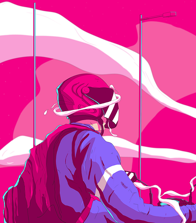 Afternoon Stroll (Digital Art) aesthetic artwork character concept art cyberpunk digital art digital drawing environment illustration motorbike neon pink purple riding smoke street vaporwave