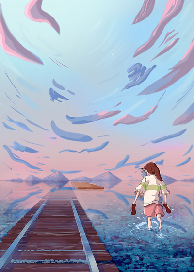 Chihiro from Spirited Away Fan Art anime blue cartoon chihiro clouds concept art cotton candy cute environment fictional ghibli haku illustration painting pink reflections spirited away spiritedaway studio ghibli train