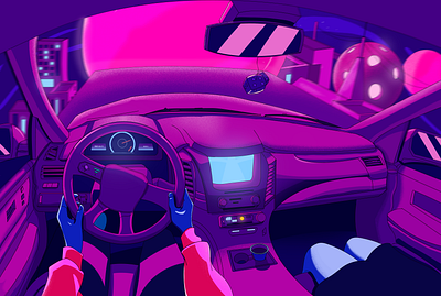 Driving at Night (Digital Art) aesthetic car concept art cool environment fictional illustration love pink point of view pov purple random scene sweet vaporwave vehicle woman