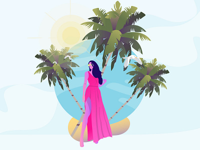 Summer Paradise beach bird birds coconut tree dress fun girl illustration illustrations lady sky style sunglasses sunny tree trees vacation vacations weather woman