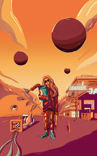 The Desert anime cell shading character concept art desert environment gas station girl girl character girl illustration illustration outer space planets poster print strange streetwear weird woman