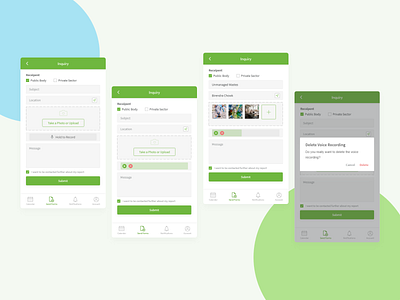 Waste Collection App : Inquiry Form, Voice Recording Steps adobexd design mobile app mobile app design mobile application mobile design mobile ui nepal nepal ui ux recorder steps ui ui design uiuxdesign voice interface voice recognition voicemail waste management workflow