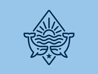 Two Whales Logo blue cachalot depth diving emblem fish harbor humpback linear logo mammal marine ocean sailing sea seafood surfing waves whale wildlife