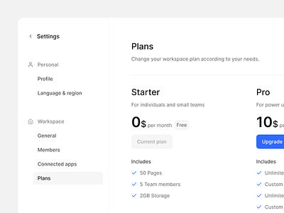Settings — Plans clean minimalist modal plans plans settings preferences price pricing product product design saas settings settings page sidebar ui ux
