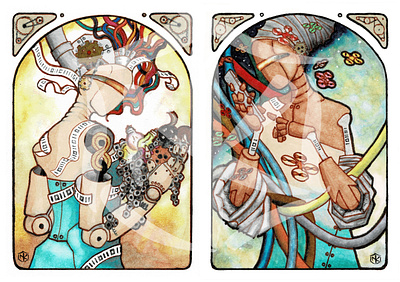 Mucha duet art nouveau fantasy art homage illustration ink mucha pen robots space traditional traditional art watercolor watercolour