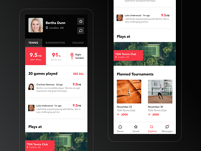 Tennis mobile app app app design clean dark design mobile mobile ui profile sports tennis ui user experience user profile ux