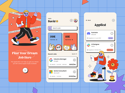 Job Finder App branding colorful design figma fun graphic design illustration jobfinder pop retro ui ux vector vintage