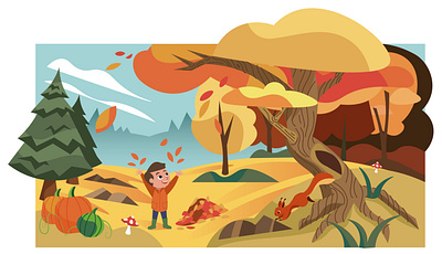 Autumn is here! adobe adobe illustrator autumn autumnillustration bookillustration design happykid herfstillustratie illustratie illustration kidsillustration kinderillustratie leaves mushroom old tree playfull squirrel tree weather