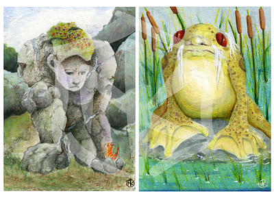 Earth Giant & Vodyanoy creature elemental fantasy fantasy art folklore illustration ink kitten pen pencil traditional art watercolour