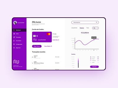 Nubank's Dashboard account bank card charts credit card dashboard design figma interaction design internet banking nubank product design purple ui ux