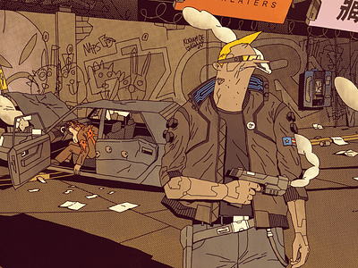 Jacket blood city cyberpunk danger future glasses gun hero illustration jacket night street