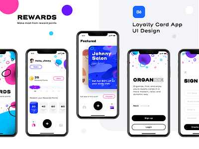 Rewards app version 2 (Project live on Behance) app card app design create account dashboard design discount icon illustration illustrator ios login loyalty neel offers prakhar procreate sharma signup sketch figma xd ui