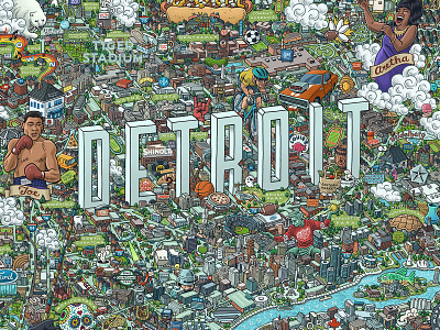 Detroit Map aretha franklin detroit detroit lions detroit pistons detroit red wings detroit tigers drawing illustration joe louis licensing map mario motor city motown poster print prints tiger stadium zucca