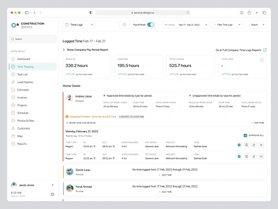 Time Logs - Construction Management (SaaS web app) approve task clean complex web app data employee works filter interface minimal over time work pay period report payroll app saas design saas web app sidebar task management time logs time tracking web app work details work report