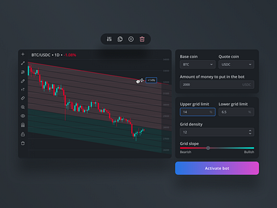 Trend grid bot idea (dark mode) bitcoin blockchain btc crypto cryptocurrency finance fintech line chart price chart trading trading bot ui
