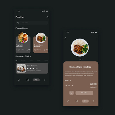 Food App Design with dark theme