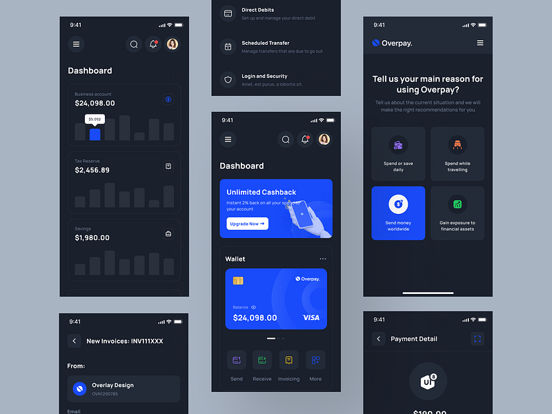 Overpay - Finance Dashboard UI Kit dark mode dashboard finance financial fintech ios mobile mobile design mobile responsive money responsive transaction ui ui kit ui8 uidesign uikit ux wallet web app