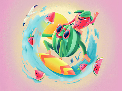 Watermelon and strawberries character characterdesign digital digitalillustration funny illustration strawberry summer summertime sun surfing watermelon