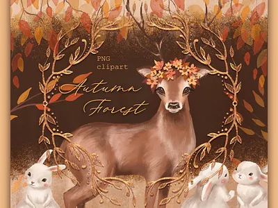 Autumn Forest clipart art branches clipart deer design design elements digital digital art digital illustration digital paint digital painting floral flowers forest graphic elements illustration painting rabbits seamless pattern wallpaper